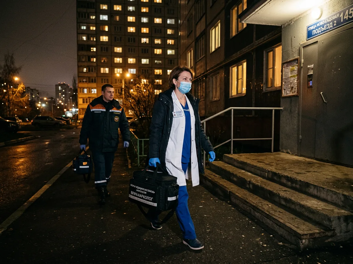 Врач-нарколог в белом халате с медицинской сумкой приезжает на вызов на дом в Самаре, ночь, светящиеся окна многоэтажки на фоне, атмосфера срочной помощи и профессионализма