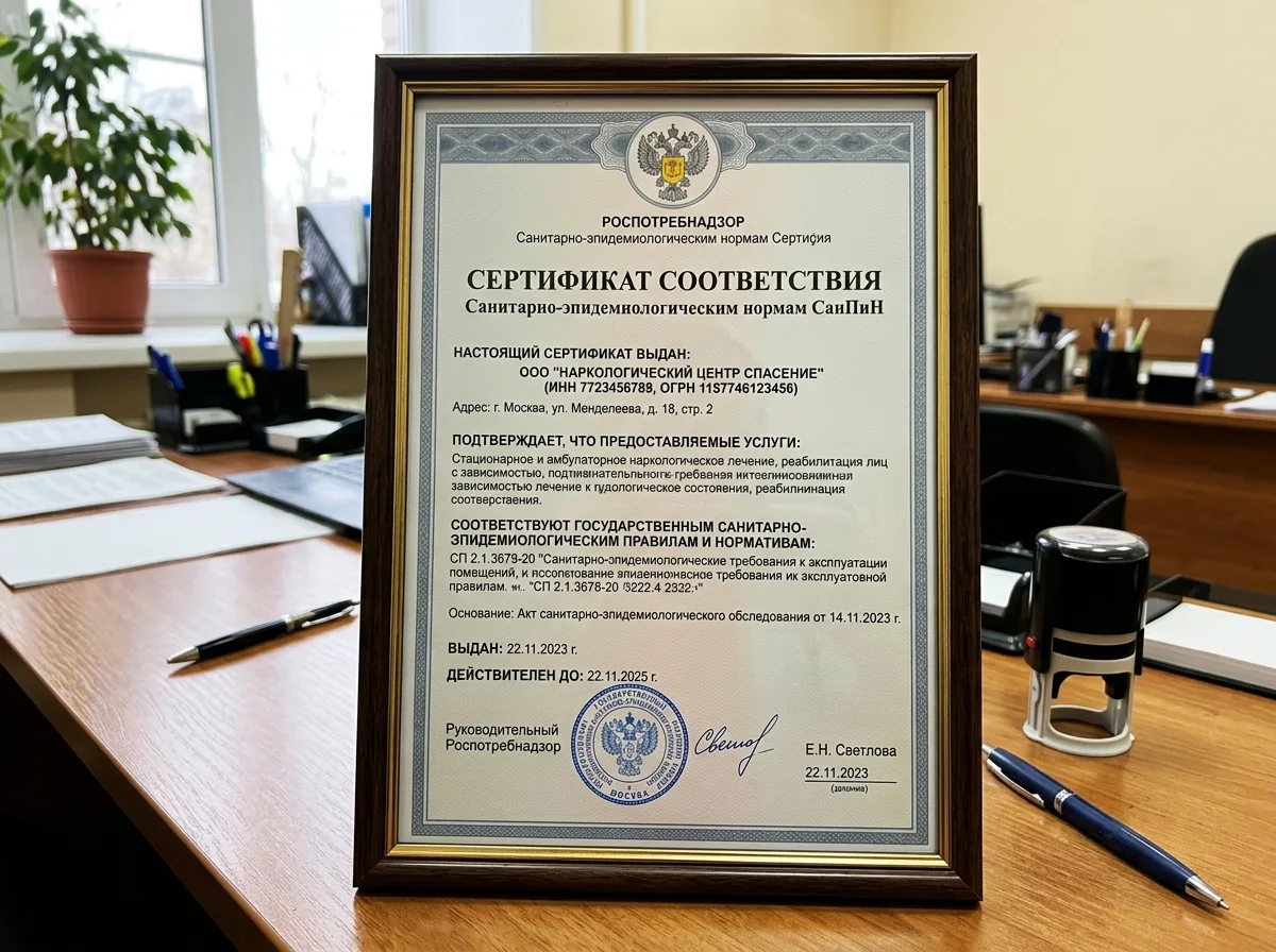 Сертификат соответствия санитарно-эпидемиологическим нормам СанПиН для наркологической клиники, документ Роспотребнадзора