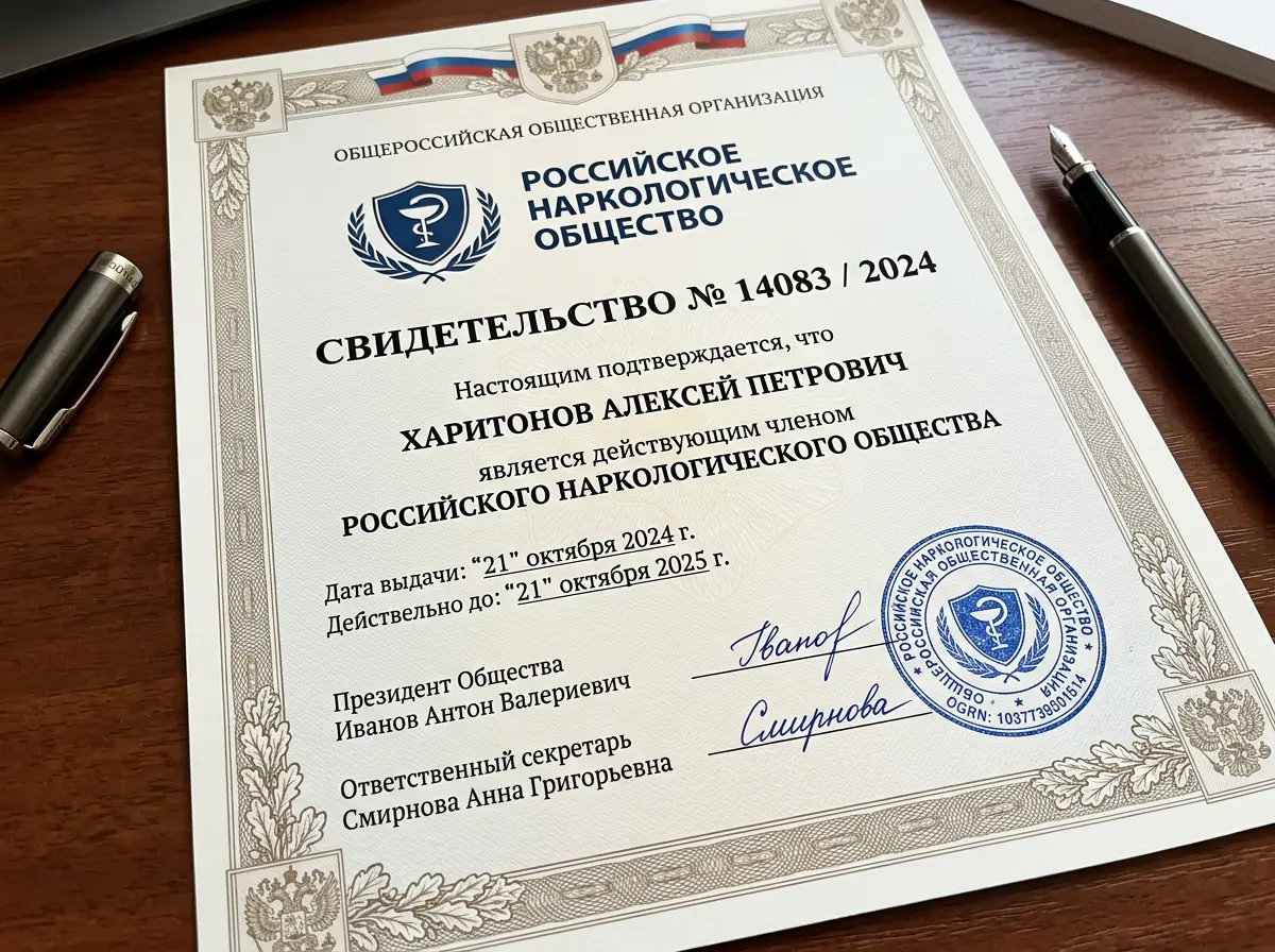 Свидетельство о членстве в Российском наркологическом обществе, официальный документ с печатью
